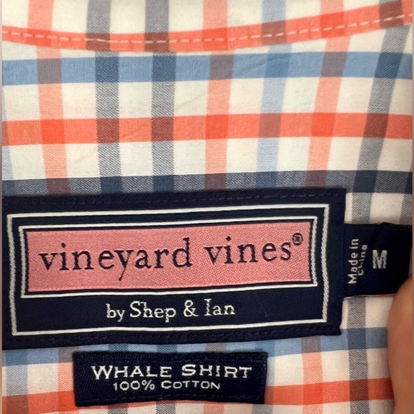Vineyard Vines Men’s Whale Shirt - Medium, Orange & Blue Check, 100% Cotton - Picture 3 of 3